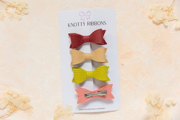 Petite Leather Mini Bow Hair Clip Set- Cranberry, Tan, Green & Coral
