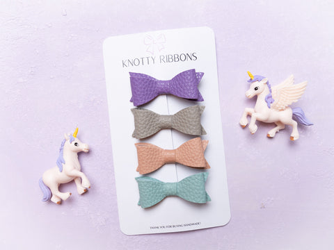 Petite Leather Mini Bow Hair Clip Set- Purple, Grey, Antique Pink & Aqua