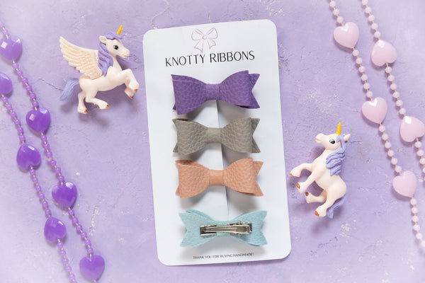 Petite Leather Mini Bow Hair Clip Set- Purple, Grey, Antique Pink & Aqua