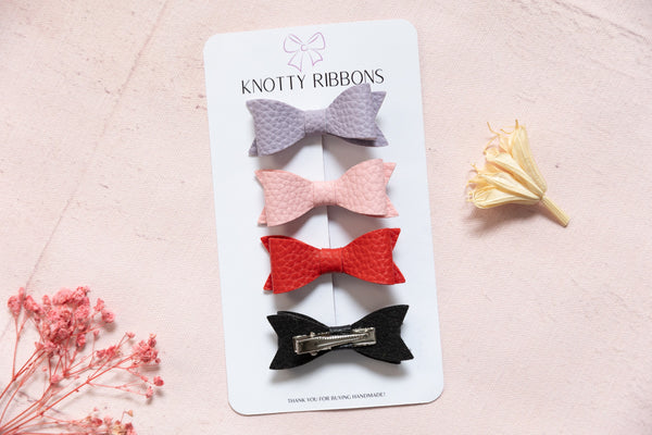 Petite Leather Mini Bow Hair Clip Set- Lt Orchid, Light Pink, Red & Black