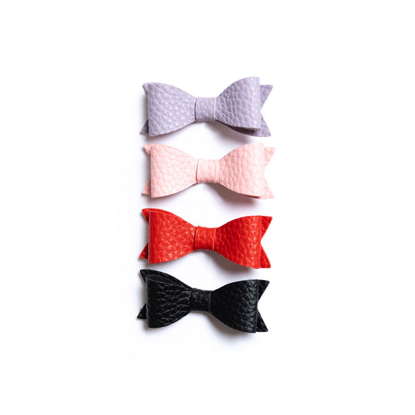 Petite Leather Mini Bow Hair Clip Set- Lt Orchid, Light Pink, Red & Black