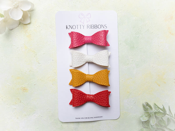Petite Leather Mini Bow Hair Clip Set- Barbie Pink, White, Mustard & Red