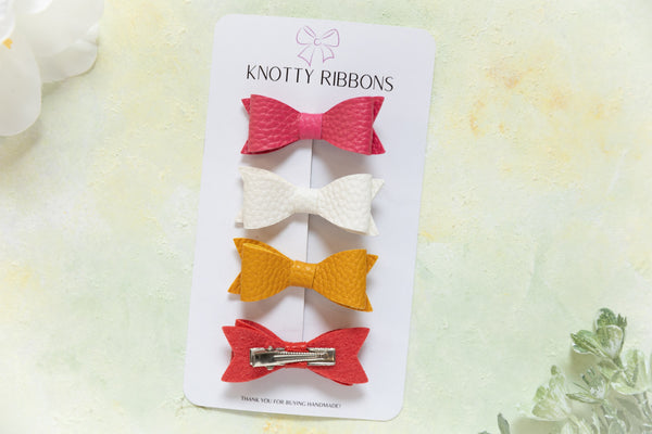 Petite Leather Mini Bow Hair Clip Set- Barbie Pink, White, Mustard & Red