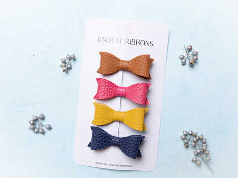 Petite Leather Mini Bow Hair Clip Set- Brown, Barbie Pink, Yellow & Navy Blue