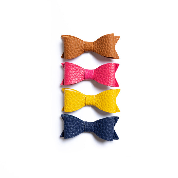 Petite Leather Mini Bow Hair Clip Set- Brown, Barbie Pink, Yellow & Navy Blue