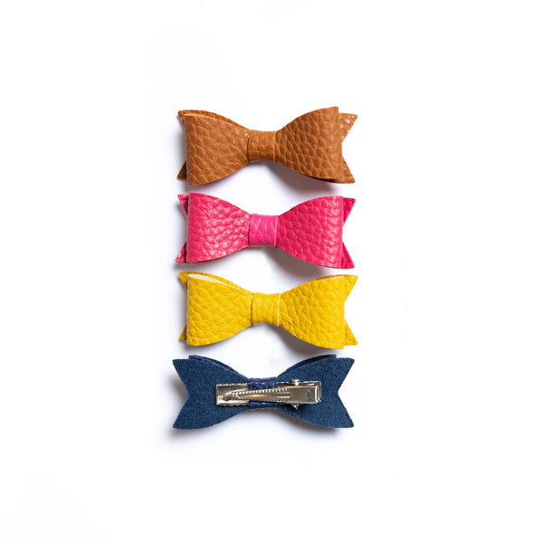 Petite Leather Mini Bow Hair Clip Set- Brown, Barbie Pink, Yellow & Navy Blue