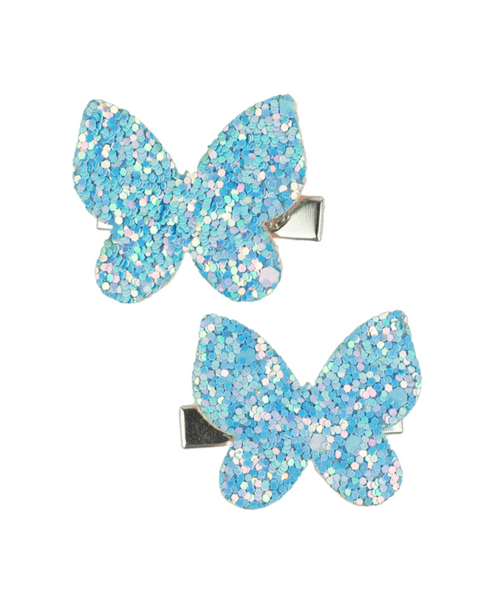 Glitter Butterfly Hair Clips - Light Blue