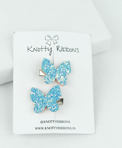 Glitter Butterfly Hair Clips - Light Blue
