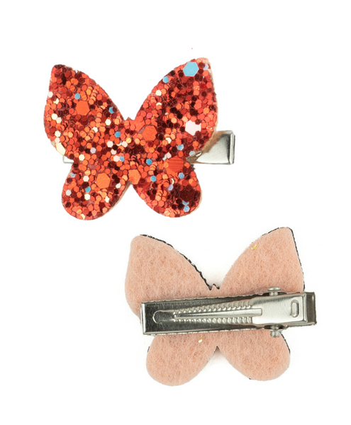 Glitter Butterfly Hair Clips - Red