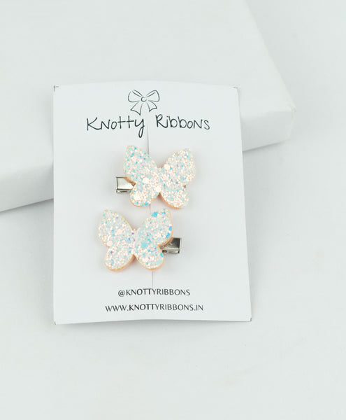 Glitter Butterfly Hair Clips - White