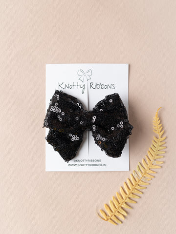 Sequined School Bow Alligator Hair Clip- Black