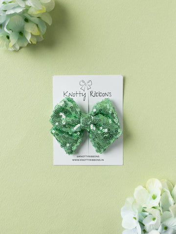 Sequined School Bow Alligator Hair Clip- Light Green