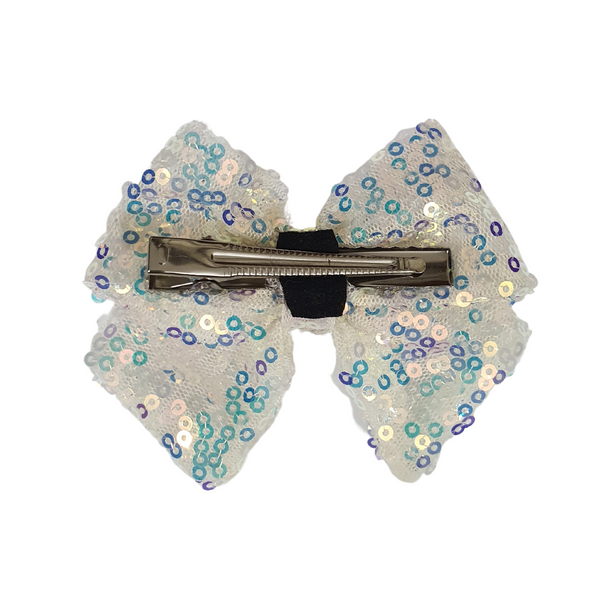 Sequined School Bow Alligator Hair Clip- Off-White