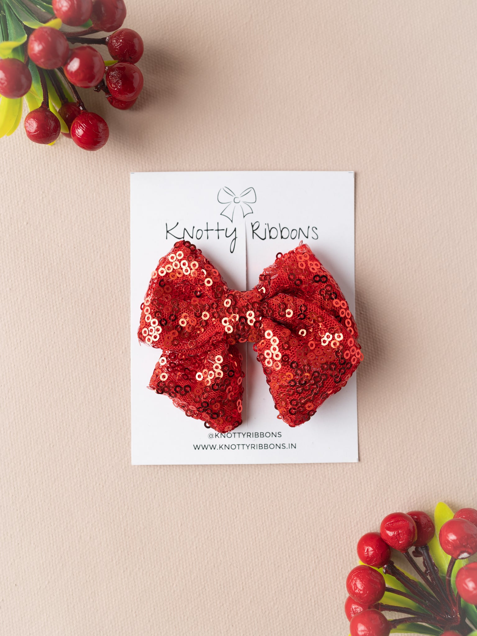 Sequined School Bow Alligator Hair Clip- Red