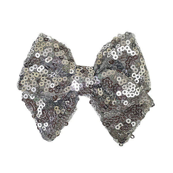 Sequined School Bow Alligator Hair Clip- Silver