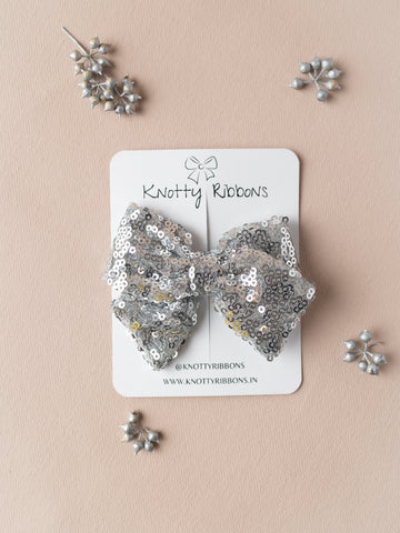 Sequined School Bow Alligator Hair Clip- Silver