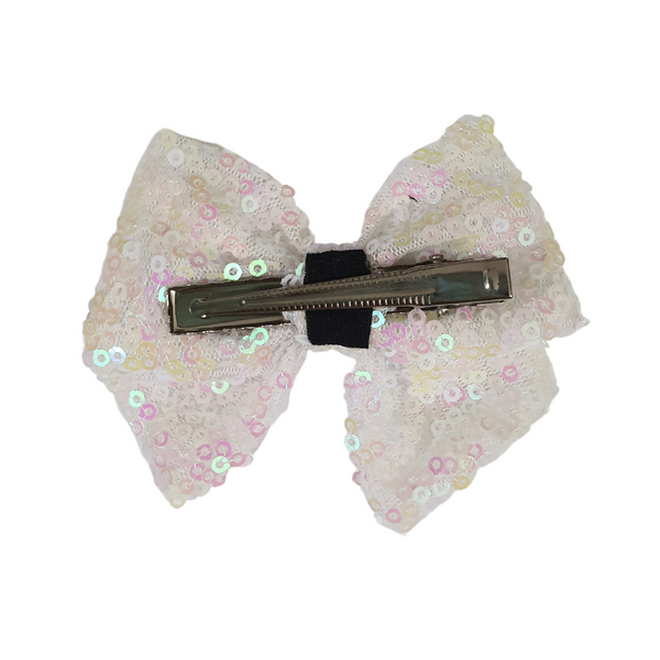 Sequined School Bow Alligator Hair Clip- White