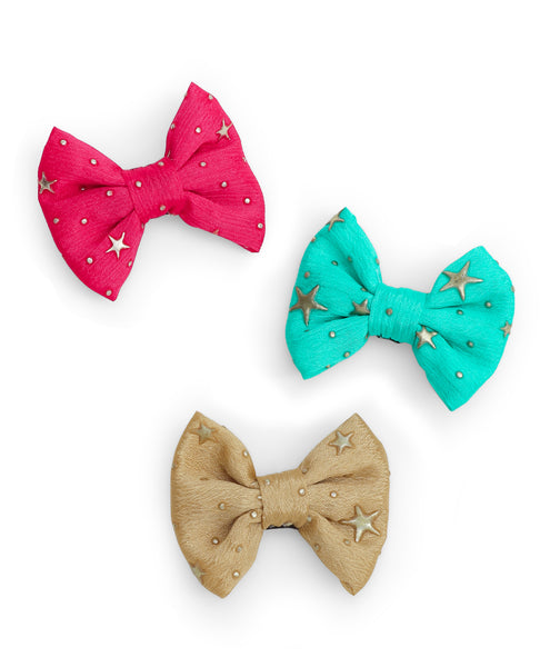 Star Embellished Mini Bow Alligator Clips - Pink, Blue & Beige