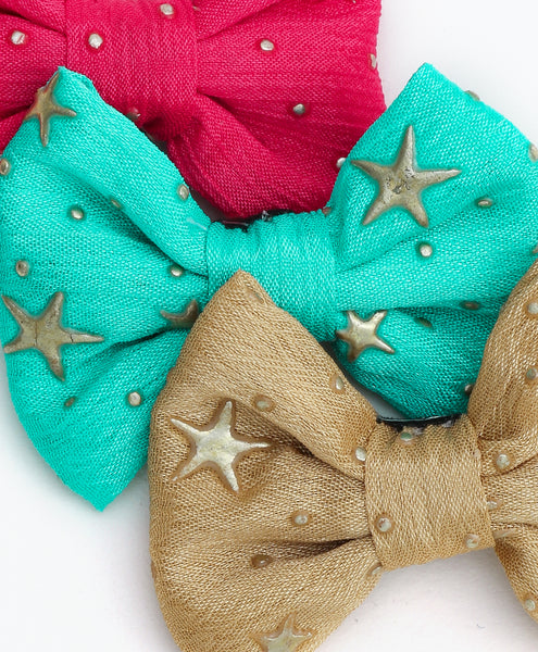 Star Embellished Mini Bow Alligator Clips - Pink, Blue & Beige