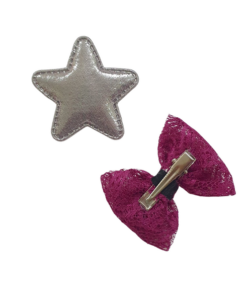 Star & Bow Alligator Hair Clips - Grey & Maroon