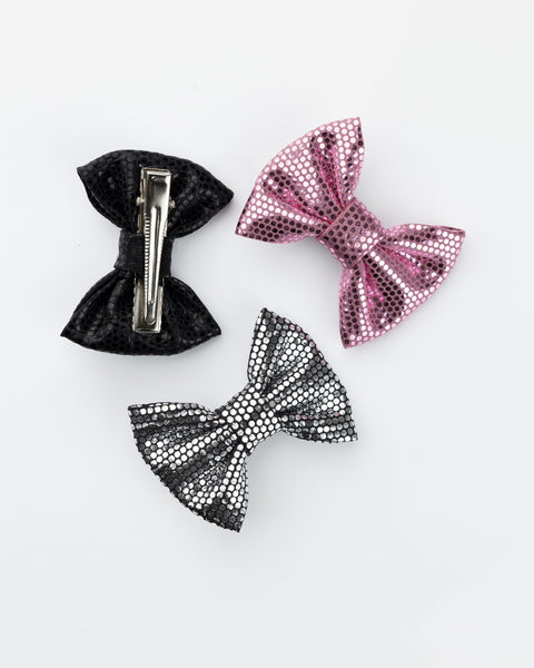 Faux Leather Bow Alligator Hair Clips- Black, Silver & Pink