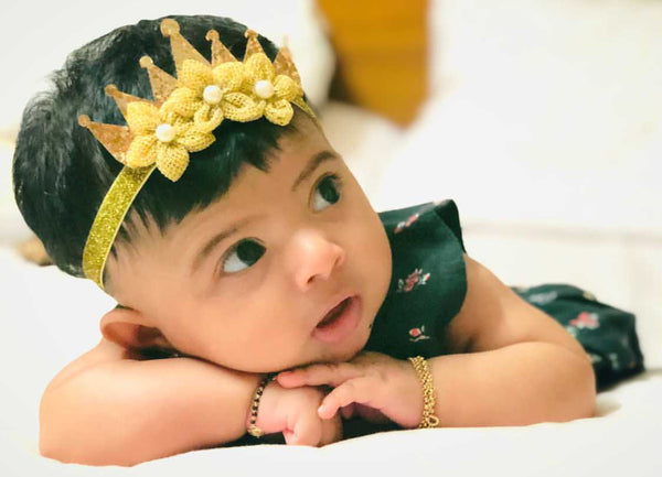 Shimmery Crown & Flower Elasticated Headband - Golden