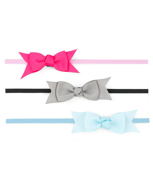 Mini Knot Bow Headband Set - Dark Pink, Grey & Light Blue