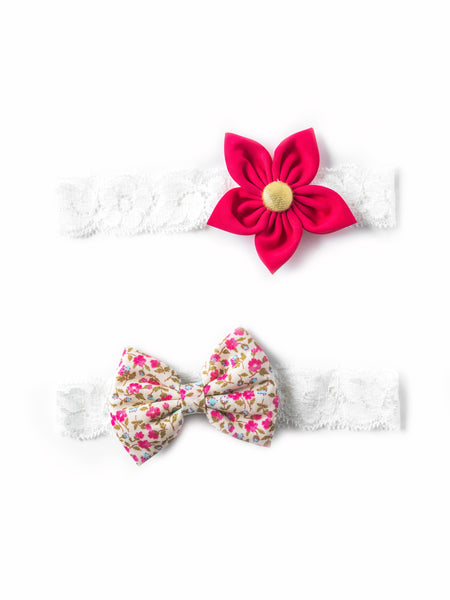 Flower & Bow Hairband Set - Floral & Dark Pink