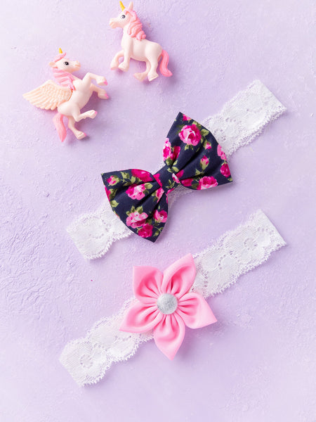 Flower & Bow Hairband Set - Floral & Light Pink