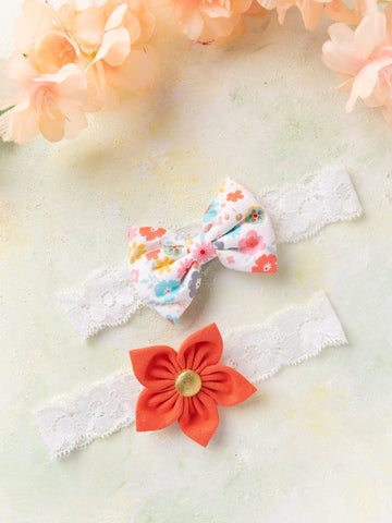 Flower & Bow Hairband Set - Floral & Orange