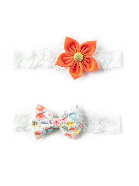 Flower & Bow Hairband Set - Floral & Orange