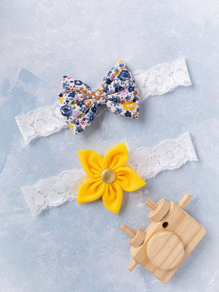 Flower & Bow Hairband Set - Floral & Yellow