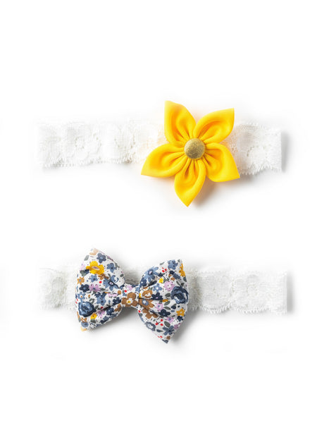 Flower & Bow Hairband Set - Floral & Yellow