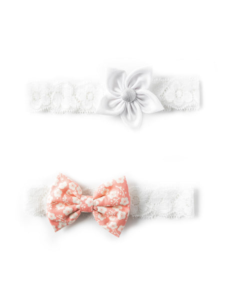 Flower & Bow Hairband Set - Peach & White