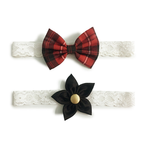 Flower & Bow Hairband Set - Red & Black