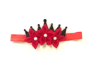 Shimmery Crown & Flower Elasticated Headband - Red & Black