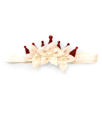Shimmery Crown & Flower Elasticated Headband - Red & White