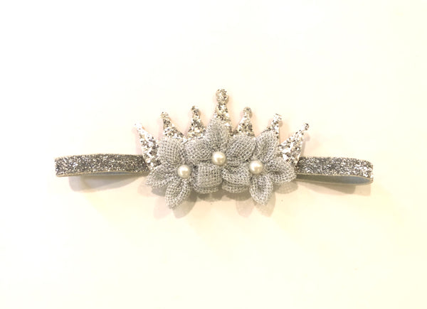 Shimmery Crown & Flower Elasticated Headband - Silver