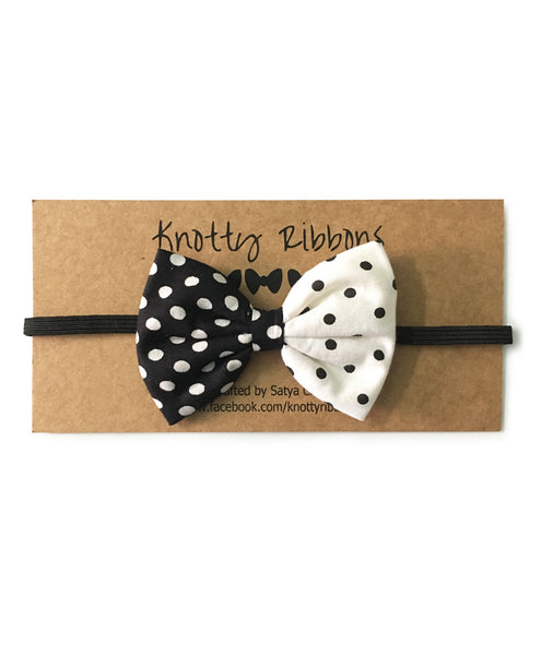 Double Print Polka Dots Bow Headband - Black & White