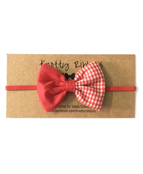 Double Print Checks Bow Headband - Red