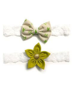 Flower & Bow Hairband Set - Green & White