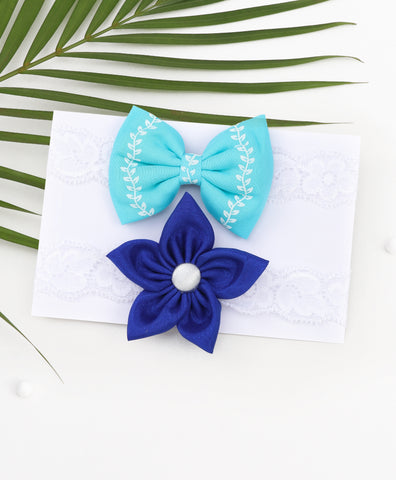 Flower & Bow Hairband Set - Blue