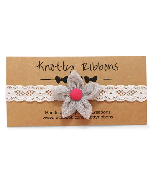 Flower & Bow Hairband Set - Silver & Dark Pink