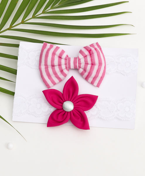 Flower & Striped Bow Hairband Set - Pink
