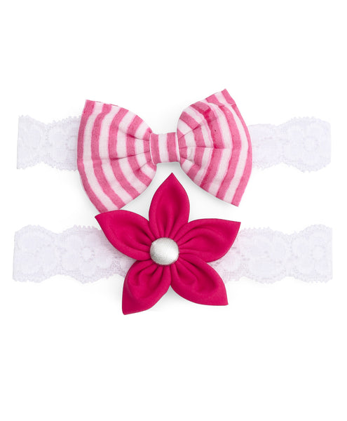Flower & Striped Bow Hairband Set - Pink
