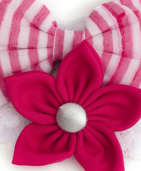 Flower & Striped Bow Hairband Set - Pink