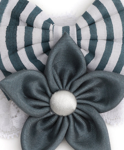 Flower & Striped Bow Hairband Set - Grey