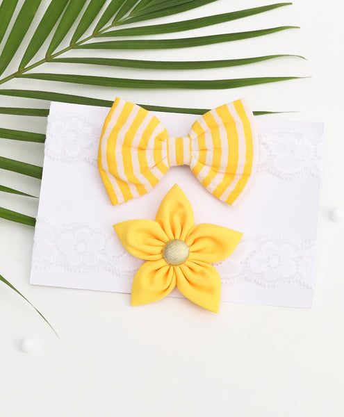 Flower & Striped Bow Hairband Set - Yellow