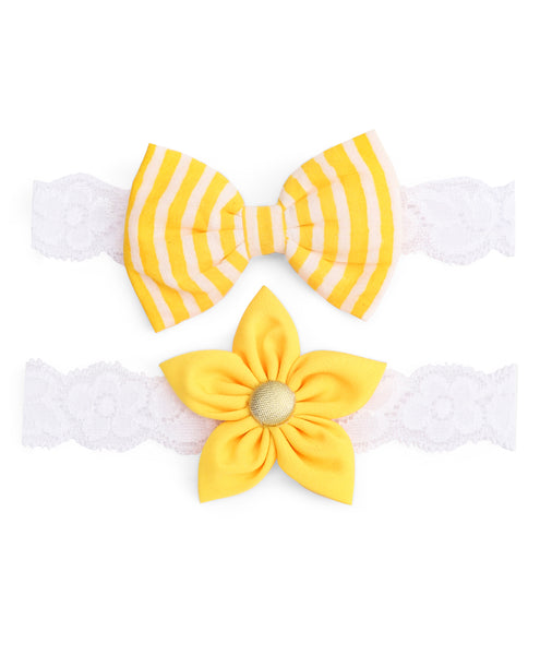 Flower & Striped Bow Hairband Set - Yellow