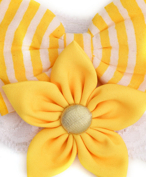 Flower & Striped Bow Hairband Set - Yellow